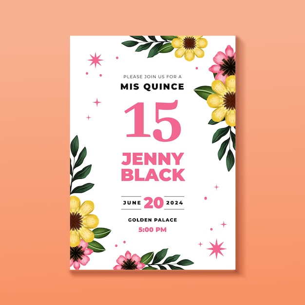 Watercolor floral quinceañera invitation template