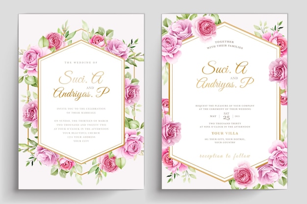 watercolor floral roses card with pink and green color set