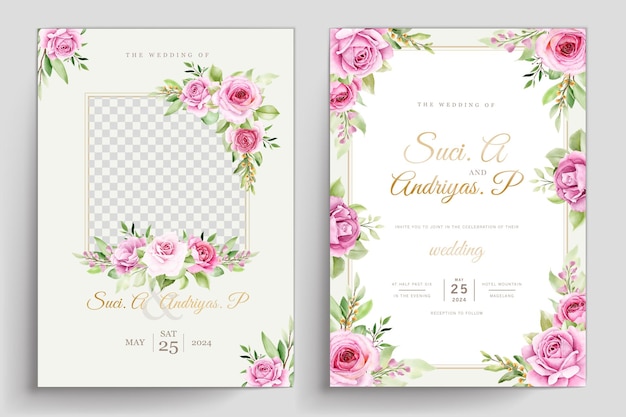 watercolor floral roses card with pink and green color set