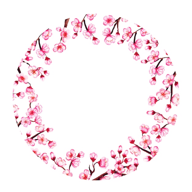 Watercolor floral sakura frame. Spring cherry blossom, isolated on white