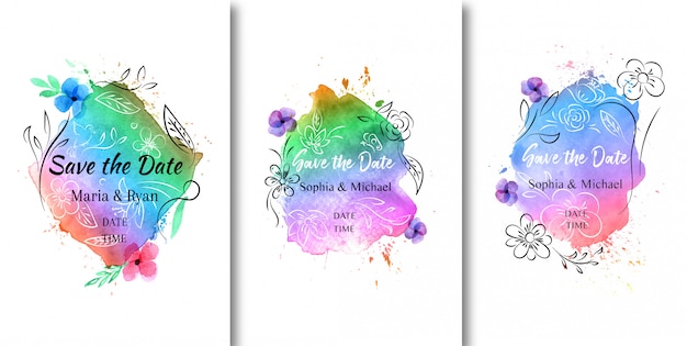 Vector watercolor floral save the date with colorful splatter background collection