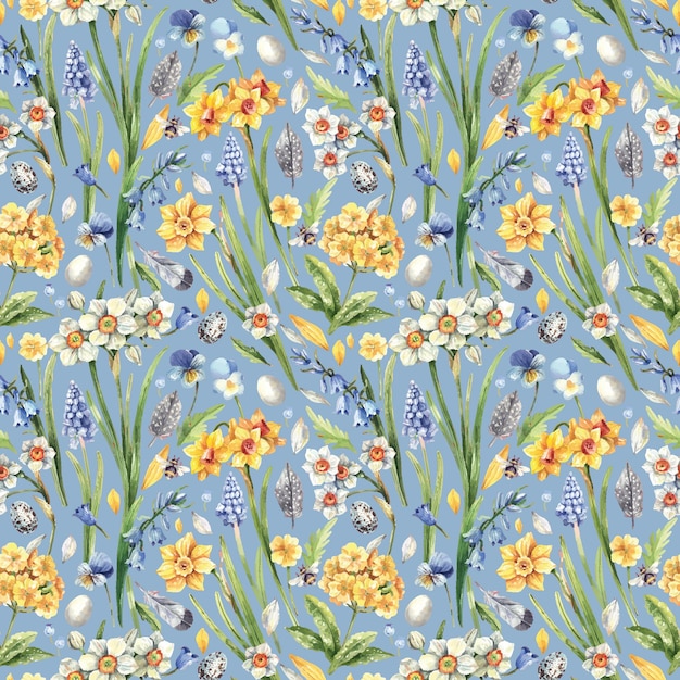 Vector watercolor, floral seamless pattern with delicate spring flowers. primrose, muscari, violets