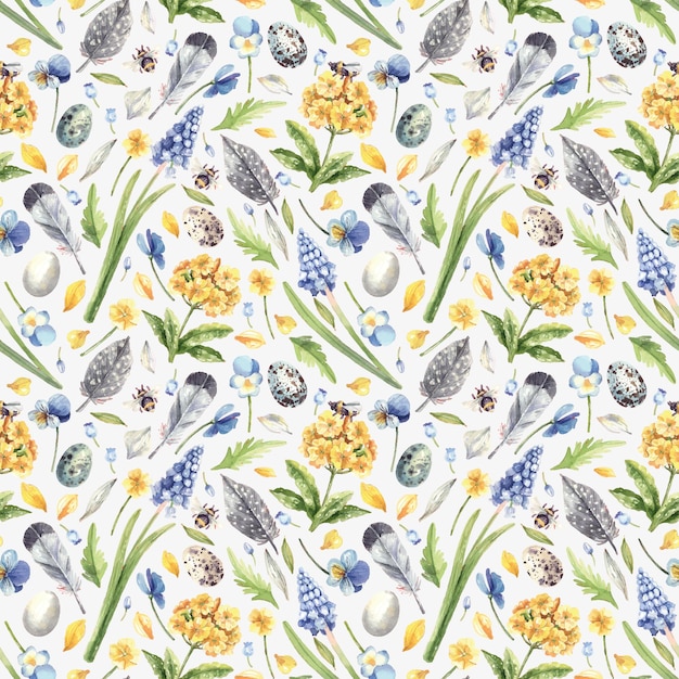 Watercolor, floral, seamless pattern with spring flowers, feathers, eggs on a white background.