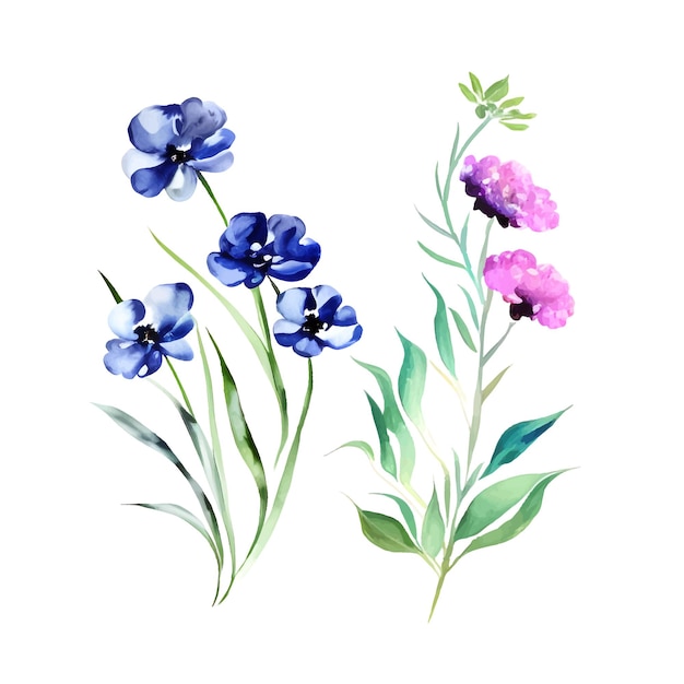 Set floreale acquerello di foglie verdi e blu ramoscelli verdi rami ritagliare l'illustrazione su sfondo vettoriale trasparente disegno clipart acquerello