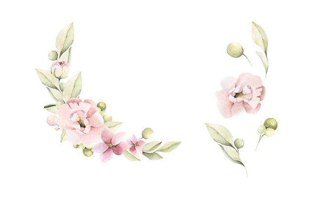 Watercolor floral set of pink flowers of peony, leaves, greenery in pastel colors