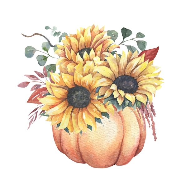 Watercolor floral sunflower bouquets with pumpkins.