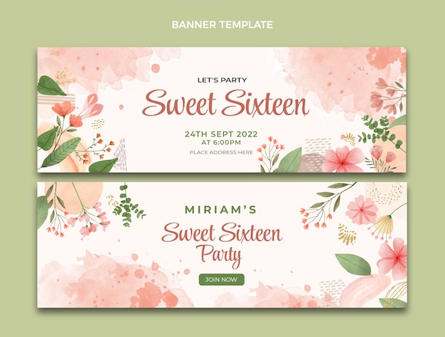 Vector watercolor floral sweet 16 horizontal banners set