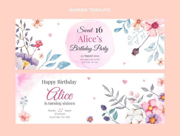 Watercolor floral sweet 16 horizontal banners