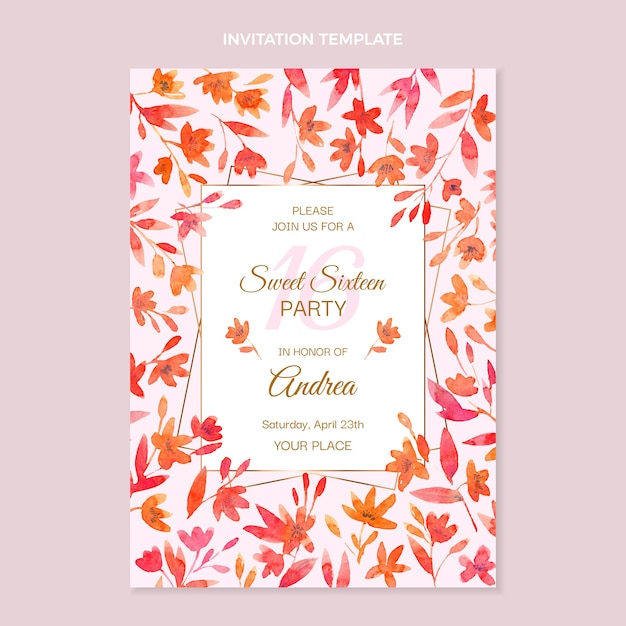 Vector watercolor floral sweet 16 invitation template