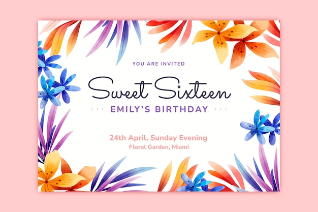 Vector watercolor floral sweet 16 invitation