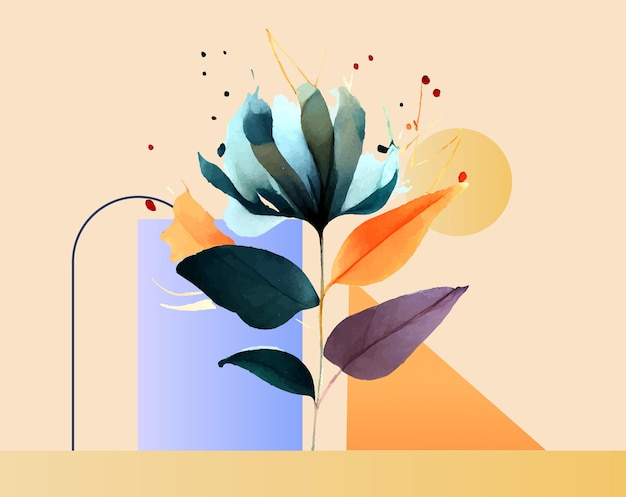 수채화 꽃 벡터 디자인입니다. 기하학적 모양을 가진 추상 미술. 콜라주 스타일 그림입니다.