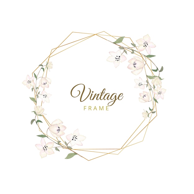 Watercolor floral vintage frame with gold border