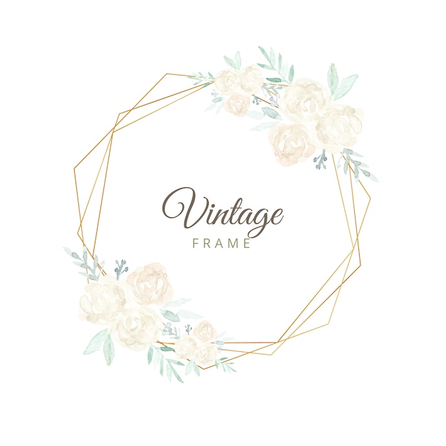 Watercolor floral vintage frame with gold border