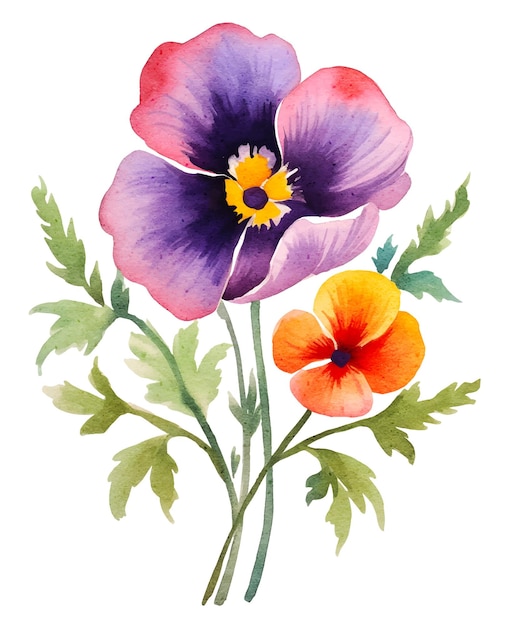 watercolor floral Viola cornuta elements