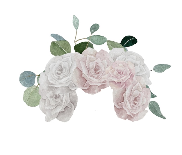 장미 꽃과 유칼립투스 잎이 있는 수채화 꽃 결혼식 구성