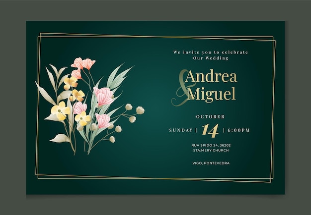 Watercolor Floral wedding invitation card background with golden nature