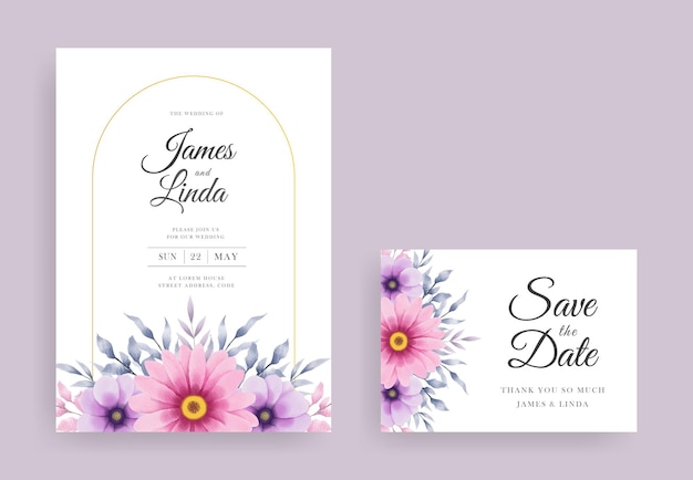 Biglietto d'invito per matrimonio floreale ad acquerello con modello save the date