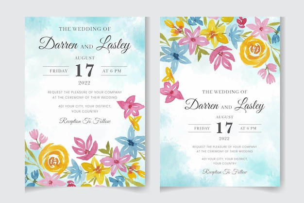 Vector watercolor floral wedding invitation card template with greenery botanical leaves flowers invite