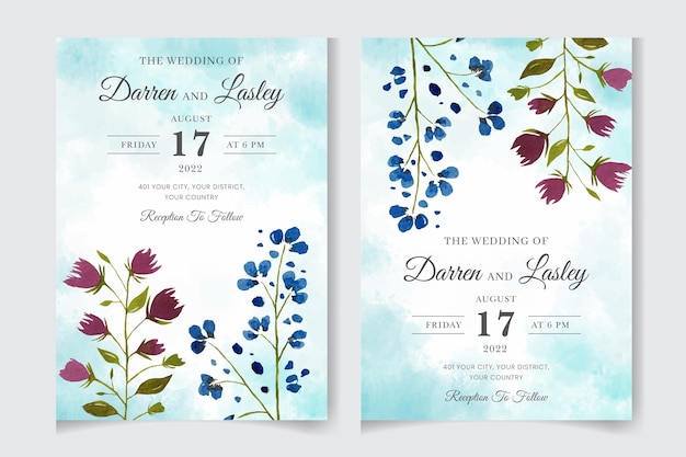 Watercolor floral wedding invitation card template with greenery botanical leaves flowers invite