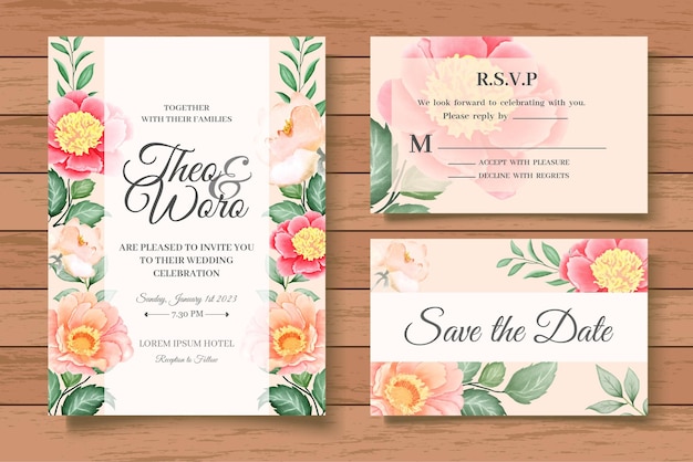 水彩花の結婚式の招待カードのテンプレート