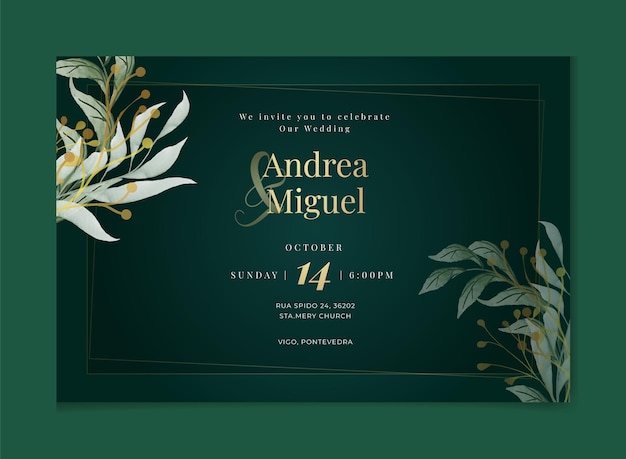 Watercolor Floral wedding invitation card wedding background with golden nature