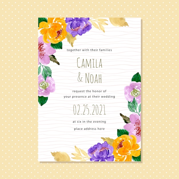 波線と水彩花の結婚式の招待カード