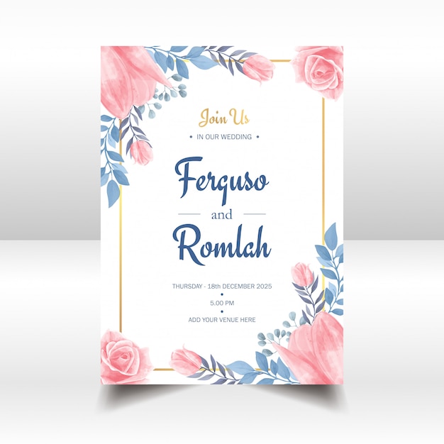 Vector watercolor floral wedding invitation gold frame