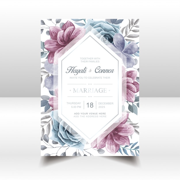 Watercolor floral wedding invitation gold frame