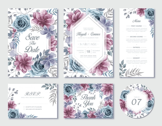 Watercolor floral wedding invitation stationery set with rsvp and thank you card