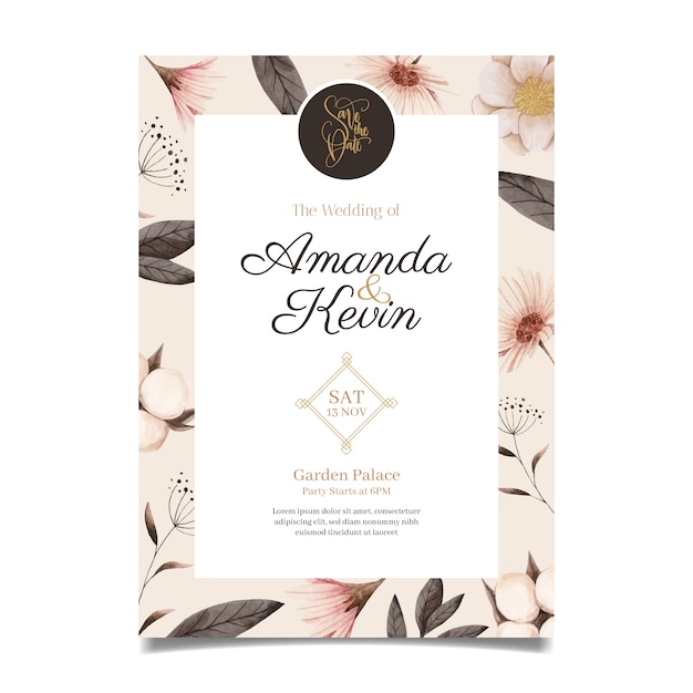 Watercolor floral wedding invitation template