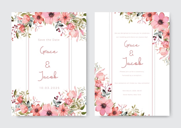 Vector watercolor floral wedding invitation template