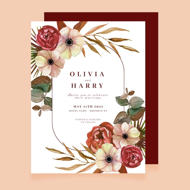 Vector watercolor floral wedding invitation