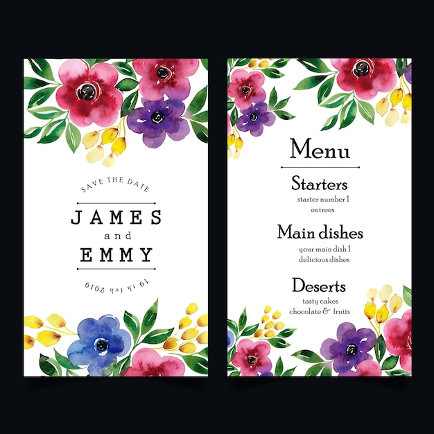 Vector watercolor floral wedding menu