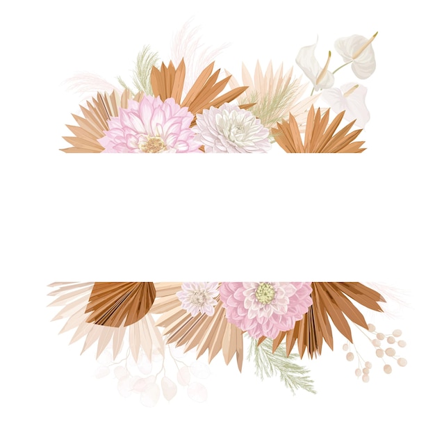 Vector watercolor floral wedding vector frame. pampas grass, dalia flowers, dry palm leaves border template for marriage ceremony, minimal invitation card, decorative boho summer banner