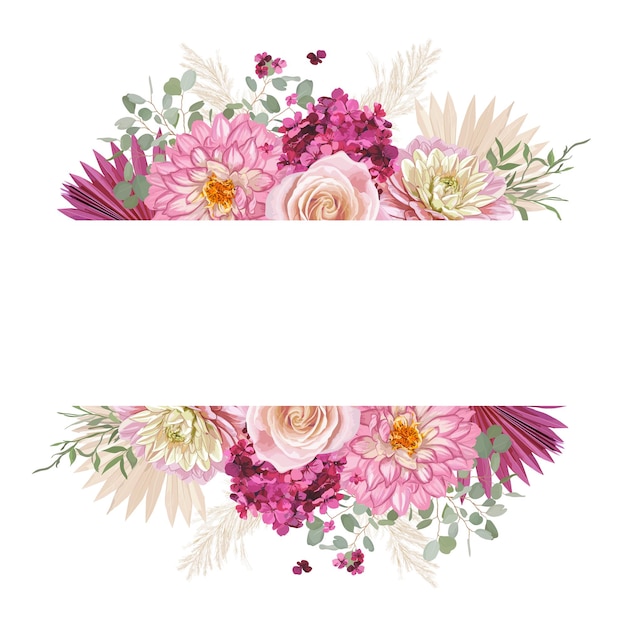 Blocco per grafici di vettore di nozze floreale dell'acquerello. erba della pampa, rosa, fiori di dalia design di lusso, foglie di palma secche modello di bordo per cerimonia di matrimonio, biglietto d'invito rustico, banner estivo boho decorativo