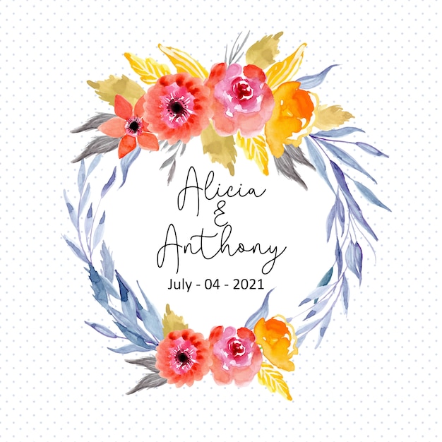 Watercolor floral wreath frame with dots pattern background