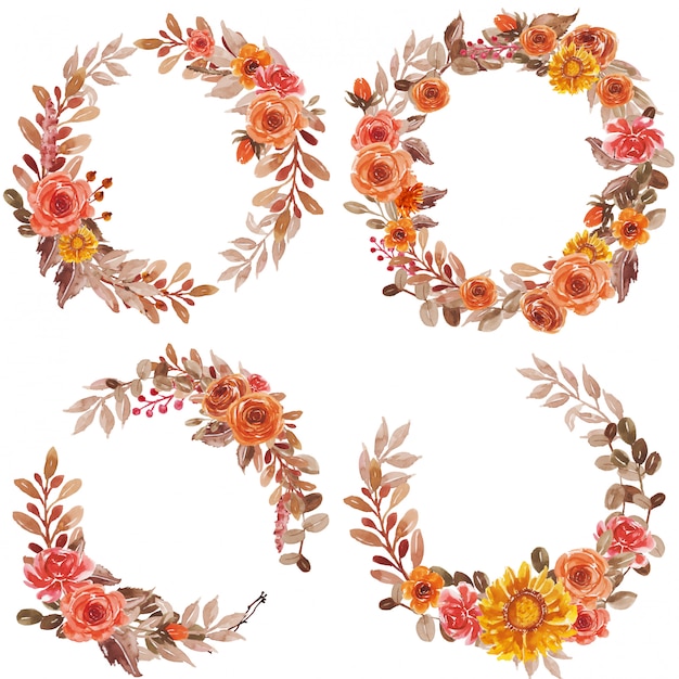 Vector watercolor floral wreath set red orange yellow