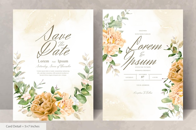 リアルな花と葉の水彩花の花輪の結婚式の招待カードのテンプレート