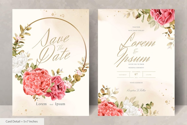 Watercolor Floral Wreath Wedding Invitation Card Template with Realistic Flower and Leaves