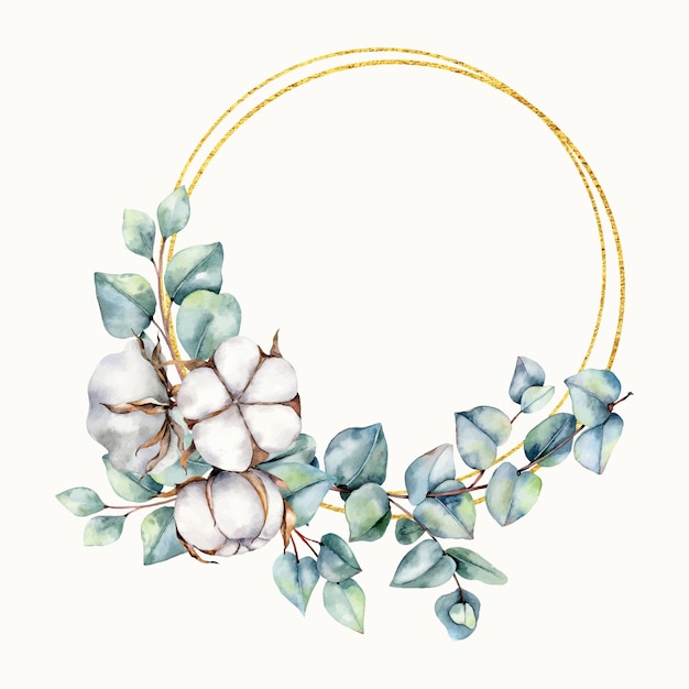 Watercolor floral wreath with cotton flower and eucalyptus leaves, Cotton flower wreath