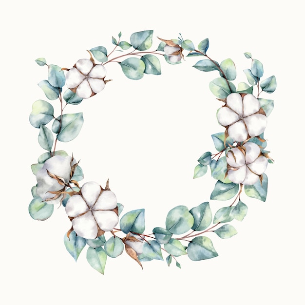 Watercolor floral wreath with cotton flower and eucalyptus leaves, cotton flower wreath