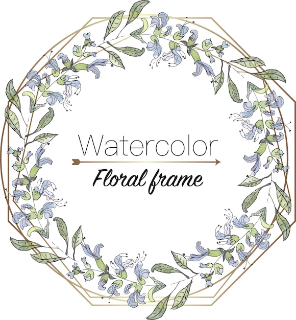 Watercolor floral wreath with geometric frame