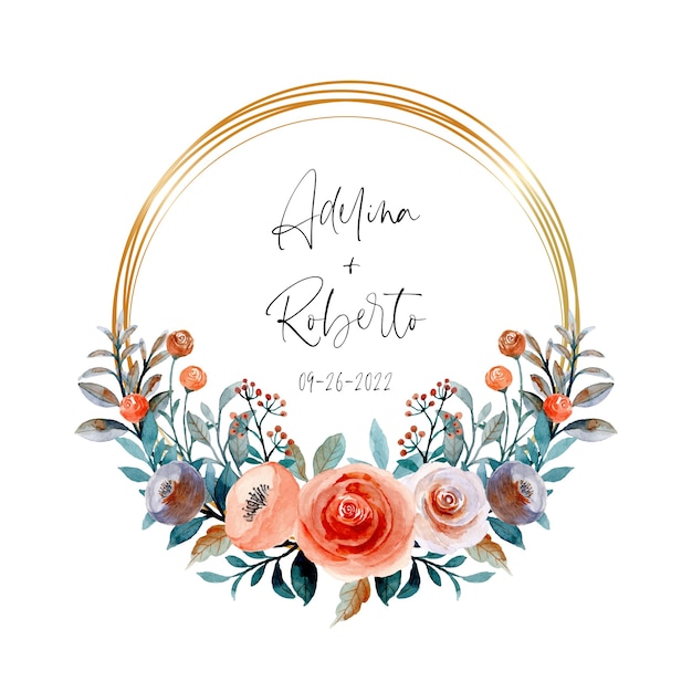 Watercolor floral wreath with golden circle