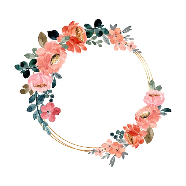 Vector watercolor floral wreath with golden frame