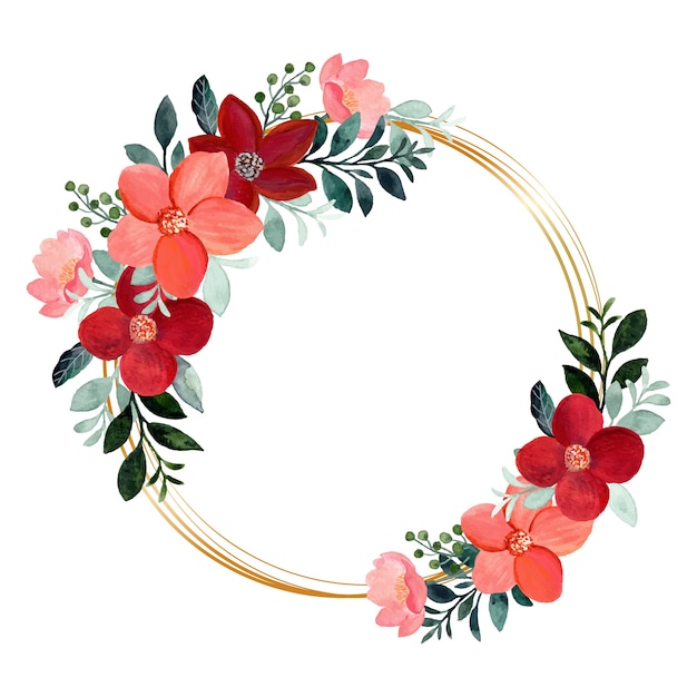 Watercolor floral wreath with golden frame