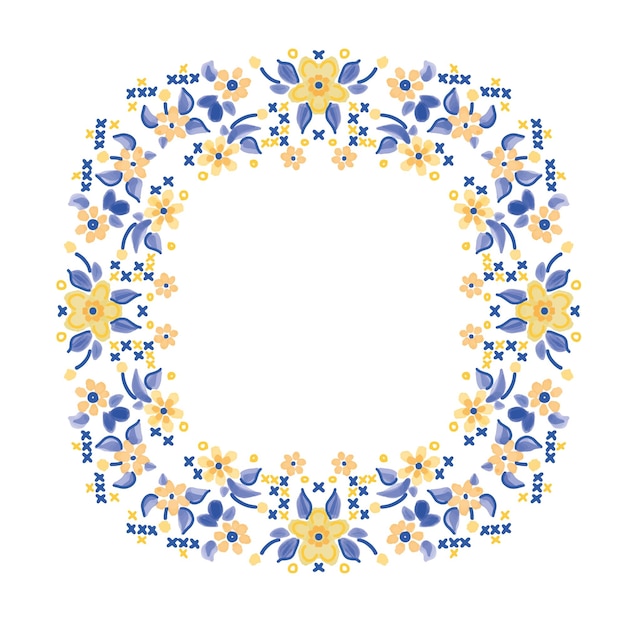 Watercolor floral wreath yellow blue colorsfolk embroidery isolated on white background