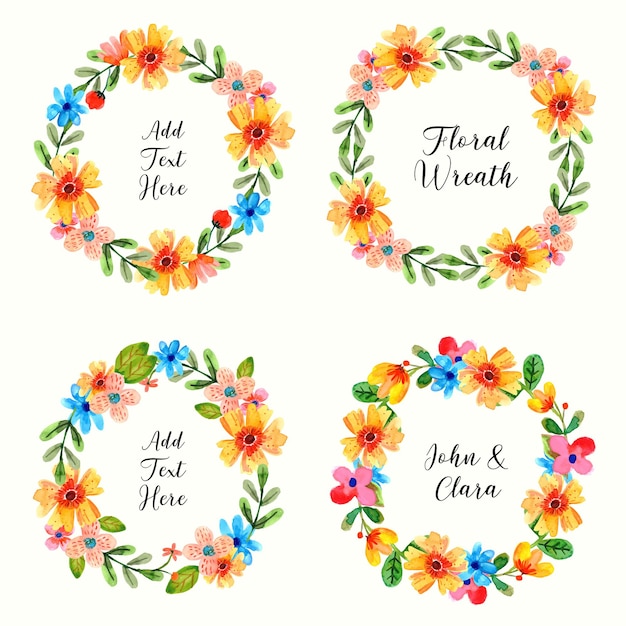 Vector watercolor floral wreath of yellow and bright florals and blossoms