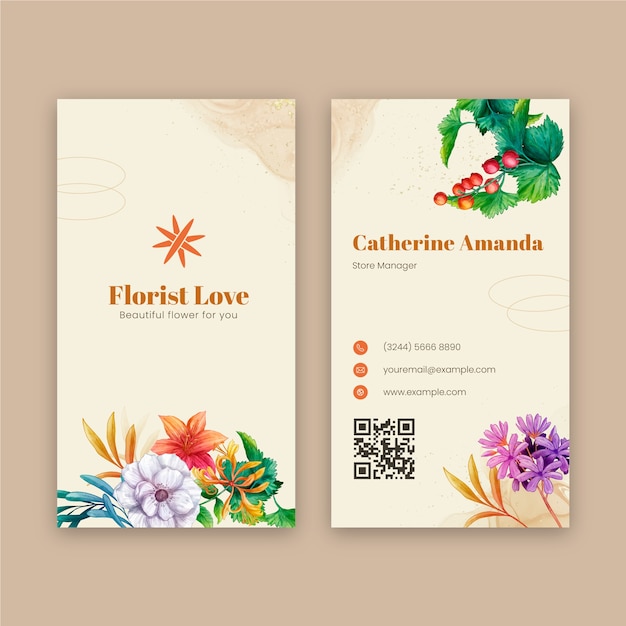 Vector watercolor florist job vertical business card