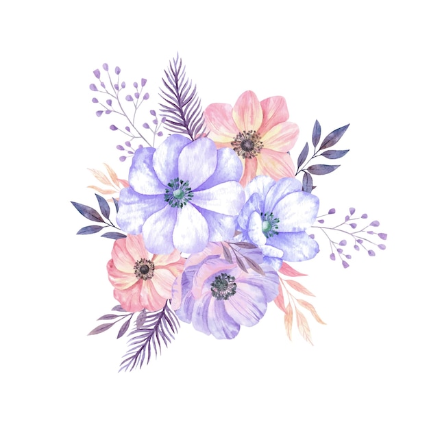 Акварельные цветочные букеты композиция из фиолетовых анемонов с листьями на белом фоне