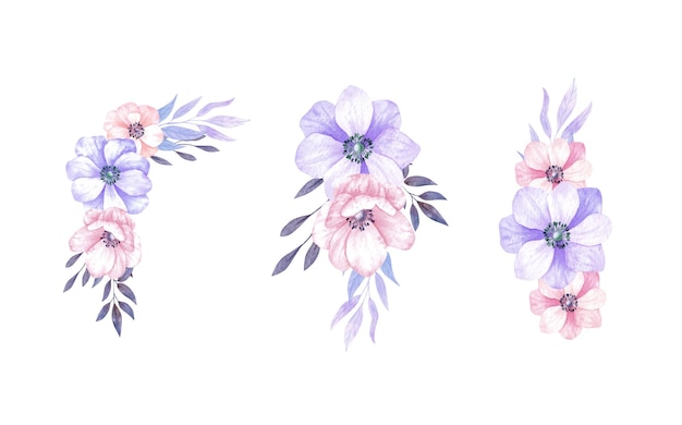 Акварельные цветочные букеты композиции фиолетовых анемонов с листьями на белом фоне